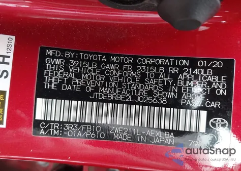 2020 Toyota Corolla Hybrid Le from USA, damaged, VIN JTDEBRBE2LJ025638